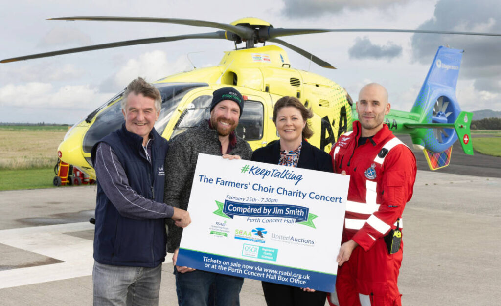 FREE TO USE PHOTOGRAPH
The Farmers' Choir Concert Ticket Launch, pictured from left, Jimmy McLean (Chair RSABI), Jim Smith, Judith Murray (United Auctions) and SCAA Paramedic Michael Haines.
for further info contact RSABI on 0131 364 4205
Picture by Graeme Hart.
Copyright Perthshire Picture Agency
Tel: 07990 594431