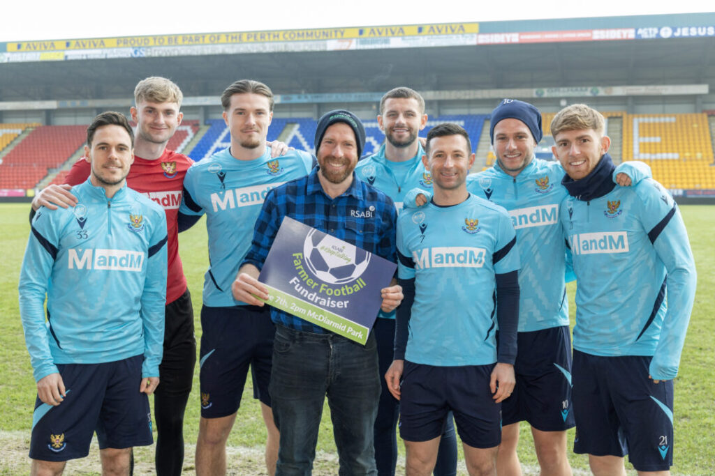 RSABI Farmer Football Fundraiser at McDiaemid Park on June 7th supported by St Johnstone FC.
Pictured from left, Liam Smith, Toby Steward, Morgan Boyes, Jim Smith RSABI Ambassador, Reece McAlear, Jason Holt, Jamie Gullan and Kai Fotheringham.
Picture by Graeme Hart.
Copyright Perthshire Picture Agency
Tel: 07990 594431